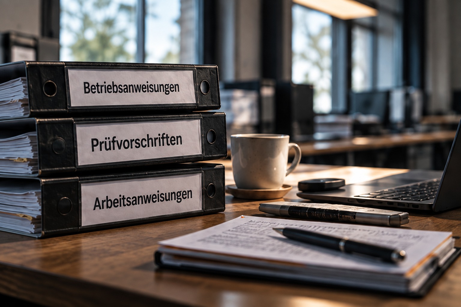 Ordner mit Betriebsanweisungen, Prüfvorschriften und Arbeitsanweisungen neben einem Laptop